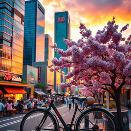 A vibrant and colorful cityscape at sunset, showcasing skyscrapers with reflective glass surfaces, a bustling street filled with people enjoying outdoor cafes, and warm orange and pink hues illuminating the sky