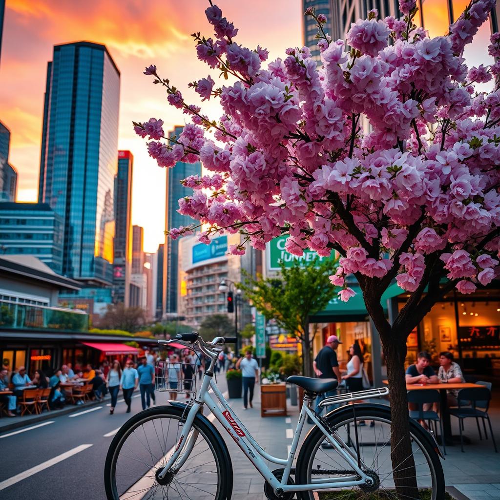 A vibrant and colorful cityscape at sunset, showcasing skyscrapers with reflective glass surfaces, a bustling street filled with people enjoying outdoor cafes, and warm orange and pink hues illuminating the sky