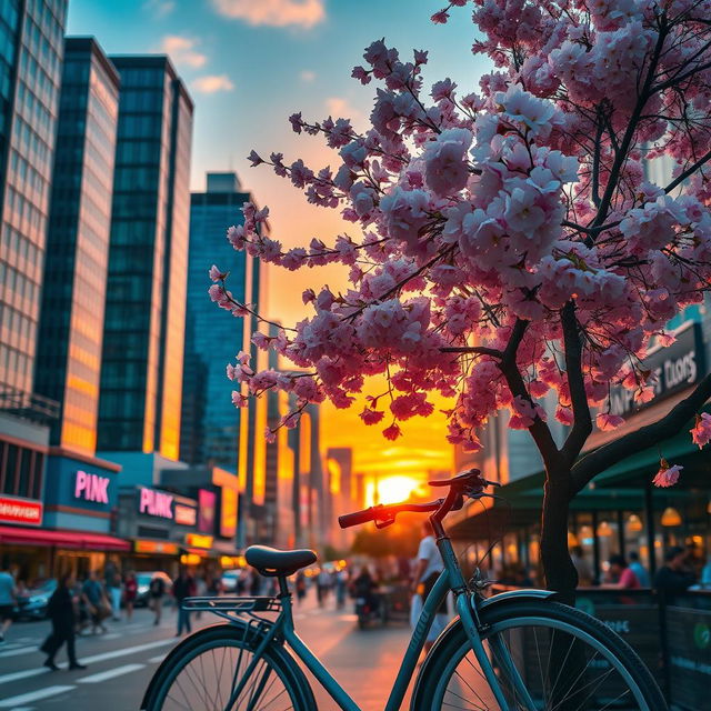 A vibrant and colorful cityscape at sunset, showcasing skyscrapers with reflective glass surfaces, a bustling street filled with people enjoying outdoor cafes, and warm orange and pink hues illuminating the sky