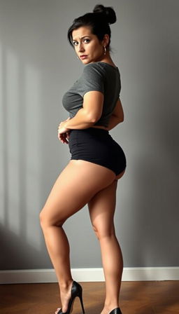 A captivating German woman in her 40s, showcasing a side view as she stands confidently in a seductive pose