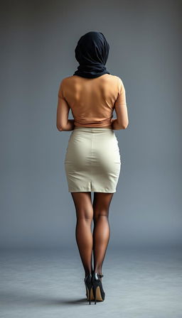 A captivating German woman in her 40s, seen from the back in a full body photo, wearing a stylish short cropped open t-shirt that reveals her large breasts and curvy silhouette