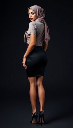 A stunning German woman in her 40s, wearing a stylish hijab, is captured from the back in a full body photo