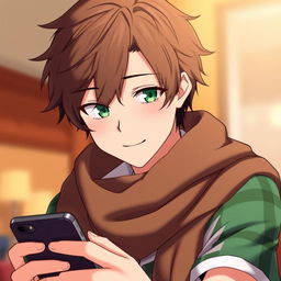 A male character in anime style, featuring messy brown hair and striking green eyes