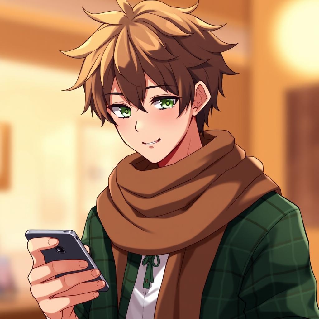 A male character in anime style, featuring messy brown hair and striking green eyes