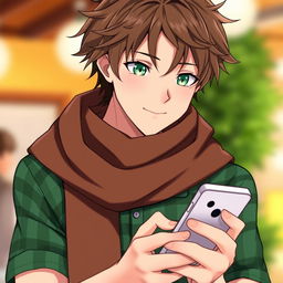 A male character in anime style, featuring messy brown hair and striking green eyes