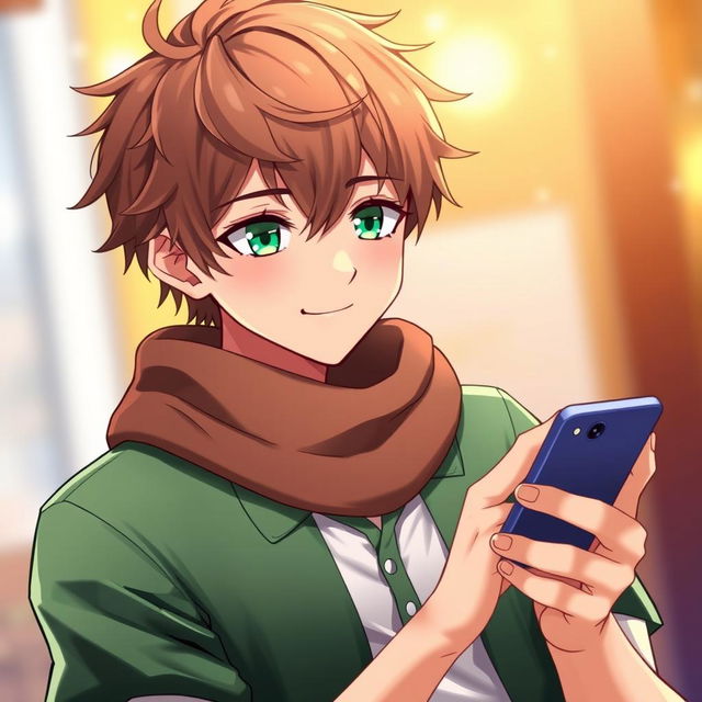 A male character in anime style, featuring messy brown hair and striking green eyes