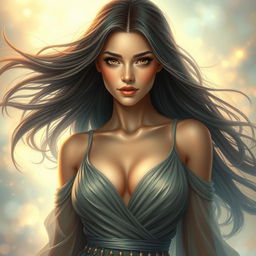 A stunning portrait of a beautiful woman named Loira, featuring long flowing hair and captivating eyes