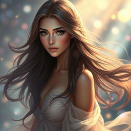 A stunning portrait of a beautiful woman named Loira, featuring long flowing hair and captivating eyes