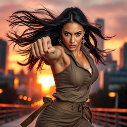 A captivating image of a beautiful woman in a dynamic action pose, showcasing her strength and confidence, wearing a stylish outfit that blends modern fashion with a hint of traditional elements