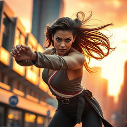 A captivating image of a beautiful woman in a dynamic action pose, showcasing her strength and confidence, wearing a stylish outfit that blends modern fashion with a hint of traditional elements