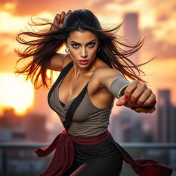 A captivating image of a beautiful woman in a dynamic action pose, showcasing her strength and confidence, wearing a stylish outfit that blends modern fashion with a hint of traditional elements