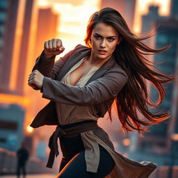 A captivating image of a beautiful woman in a dynamic action pose, showcasing her strength and confidence, wearing a stylish outfit that blends modern fashion with a hint of traditional elements