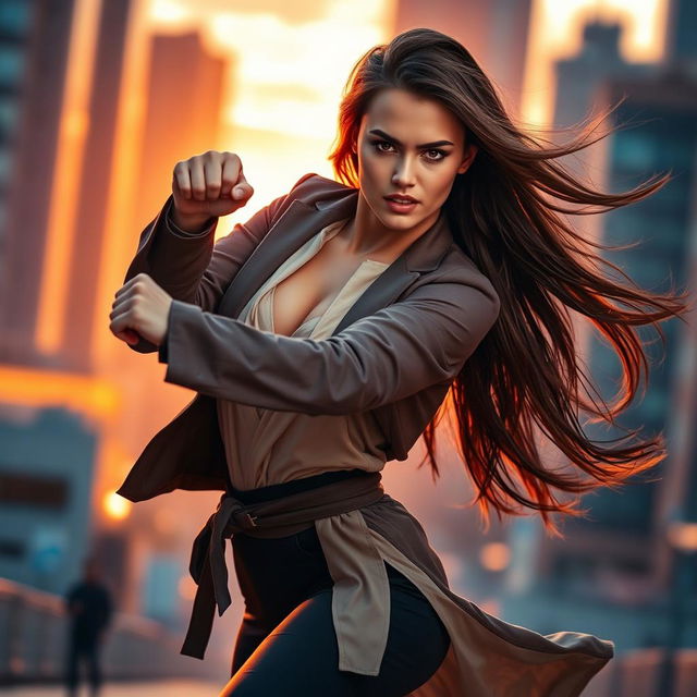 A captivating image of a beautiful woman in a dynamic action pose, showcasing her strength and confidence, wearing a stylish outfit that blends modern fashion with a hint of traditional elements