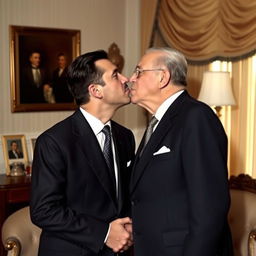 A warm and affectionate moment between two influential figures, Bashar Al-Assad and Hafez Al-Assad, sharing a kiss on the lips in a nostalgic setting