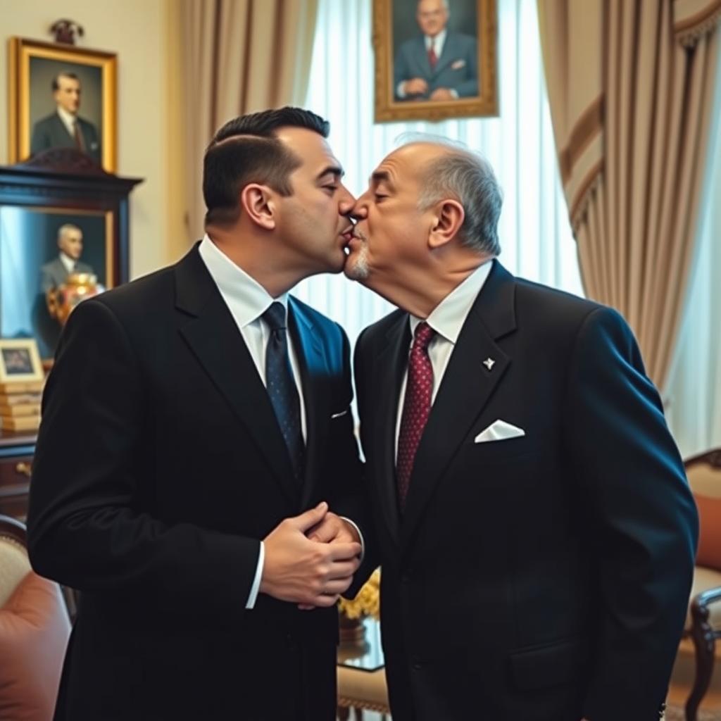 A warm and affectionate moment between two influential figures, Bashar Al-Assad and Hafez Al-Assad, sharing a kiss on the lips in a nostalgic setting