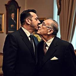 A warm and affectionate moment between two influential figures, Bashar Al-Assad and Hafez Al-Assad, sharing a kiss on the lips in a nostalgic setting