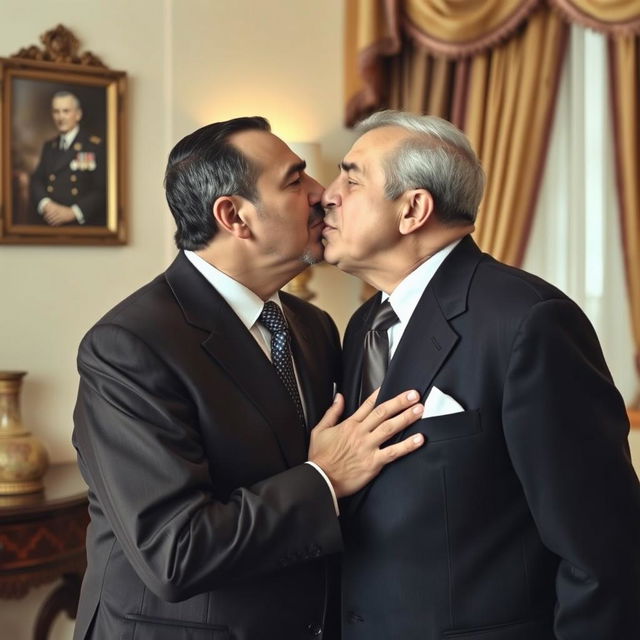 A warm and affectionate moment between two influential figures, Bashar Al-Assad and Hafez Al-Assad, sharing a kiss on the lips in a nostalgic setting