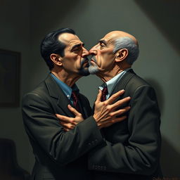 A surreal and controversial illustration of two figures in a dimly lit room, one representing Bashar Al-Assad with distinct facial features and a serious expression, and the other representing Hafez Al-Assad, also with recognizable features and a stern demeanor