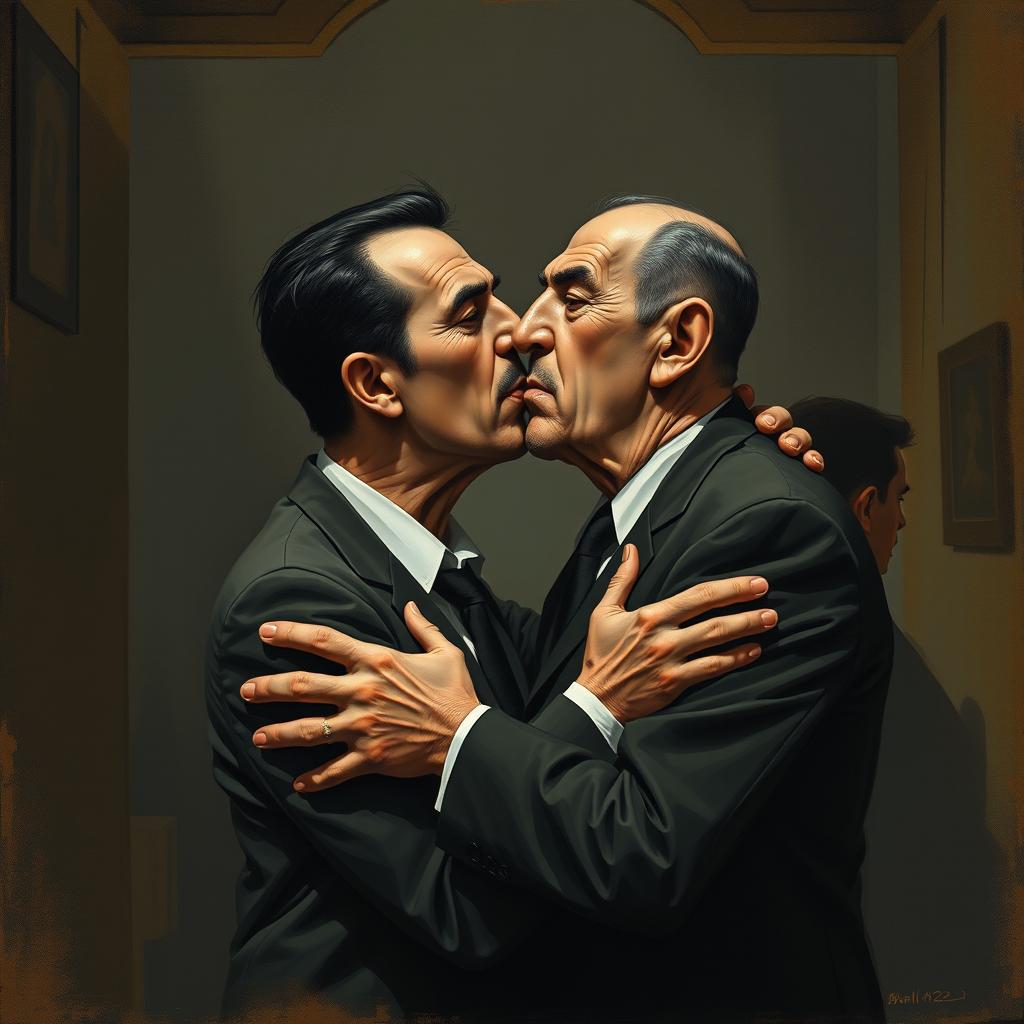 A surreal and controversial illustration of two figures in a dimly lit room, one representing Bashar Al-Assad with distinct facial features and a serious expression, and the other representing Hafez Al-Assad, also with recognizable features and a stern demeanor