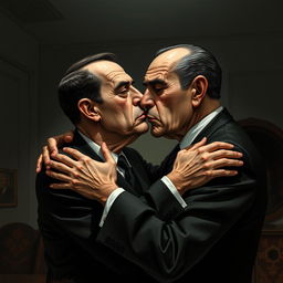 A surreal and controversial illustration of two figures in a dimly lit room, one representing Bashar Al-Assad with distinct facial features and a serious expression, and the other representing Hafez Al-Assad, also with recognizable features and a stern demeanor