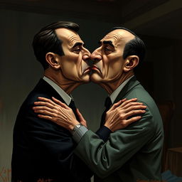 A surreal and controversial illustration of two figures in a dimly lit room, one representing Bashar Al-Assad with distinct facial features and a serious expression, and the other representing Hafez Al-Assad, also with recognizable features and a stern demeanor