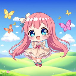 A cute anime-style character, featuring a small girl with big sparkling eyes and a cheerful expression, wearing a pastel-colored dress adorned with frills and bows