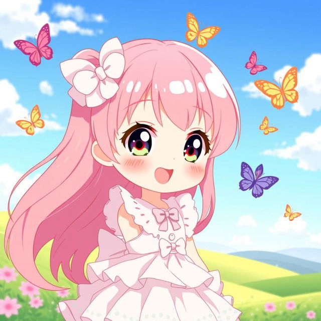 A cute anime-style character, featuring a small girl with big sparkling eyes and a cheerful expression, wearing a pastel-colored dress adorned with frills and bows