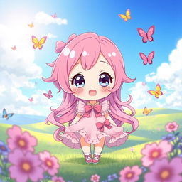 A cute anime-style character, featuring a small girl with big sparkling eyes and a cheerful expression, wearing a pastel-colored dress adorned with frills and bows