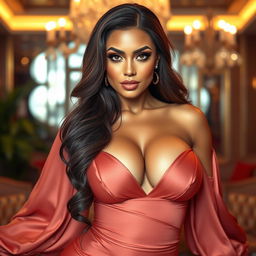 A stunningly beautiful woman with large, voluptuous breasts, exuding confidence and sensuality