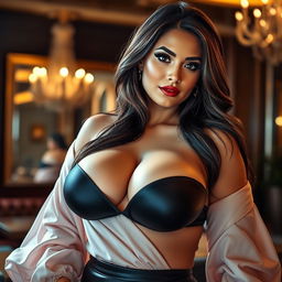 A stunningly beautiful woman with large, voluptuous breasts, exuding confidence and sensuality