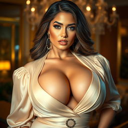 A stunningly beautiful woman with large, voluptuous breasts, exuding confidence and sensuality