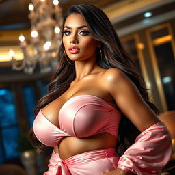 A stunningly beautiful woman with large, voluptuous breasts, exuding confidence and sensuality