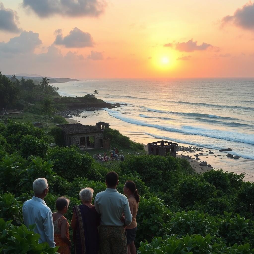 A poignant and reflective scene depicting the aftermath of the 2004 tsunami in Sri Lanka, 20 years later