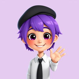 A friendly humanoid character with vibrant purple hair styled in a cute bob, wearing a crisp white shirt and a black tie, along with a classic black beret