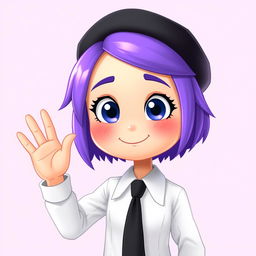 A friendly humanoid character with vibrant purple hair styled in a cute bob, wearing a crisp white shirt and a black tie, along with a classic black beret