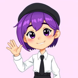 A friendly humanoid character with vibrant purple hair styled in a cute bob, wearing a crisp white shirt and a black tie, along with a classic black beret