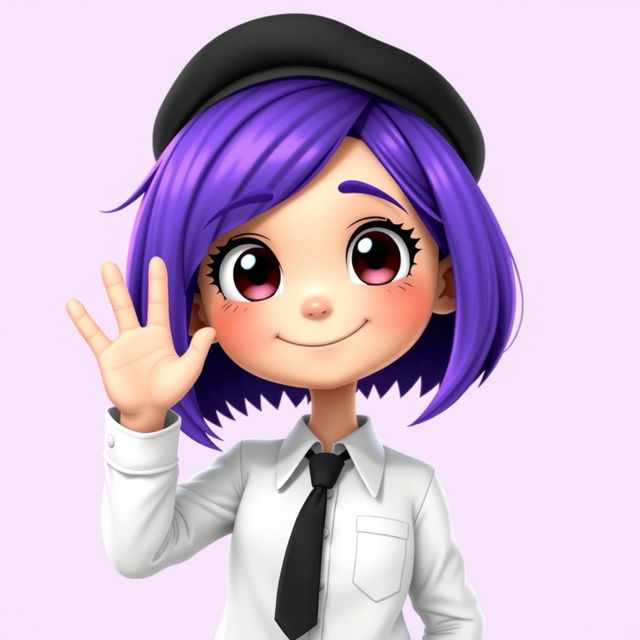 A friendly humanoid character with vibrant purple hair styled in a cute bob, wearing a crisp white shirt and a black tie, along with a classic black beret