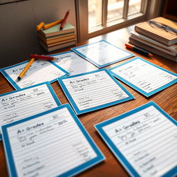 A scene depicting an academic world where every student's report card shows A+ grades, beautifully laid out on a wooden desk