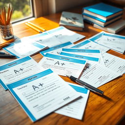 A scene depicting an academic world where every student's report card shows A+ grades, beautifully laid out on a wooden desk