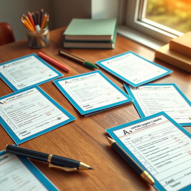 A scene depicting an academic world where every student's report card shows A+ grades, beautifully laid out on a wooden desk