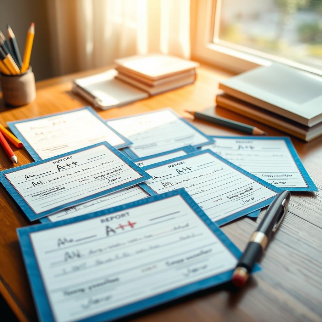 A scene depicting an academic world where every student's report card shows A+ grades, beautifully laid out on a wooden desk