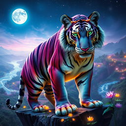 A majestic fantasy tiger with shimmering multicolored fur, adorned with mystical patterns glowing softly in shades of blue and purple