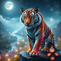 A majestic fantasy tiger with shimmering multicolored fur, adorned with mystical patterns glowing softly in shades of blue and purple