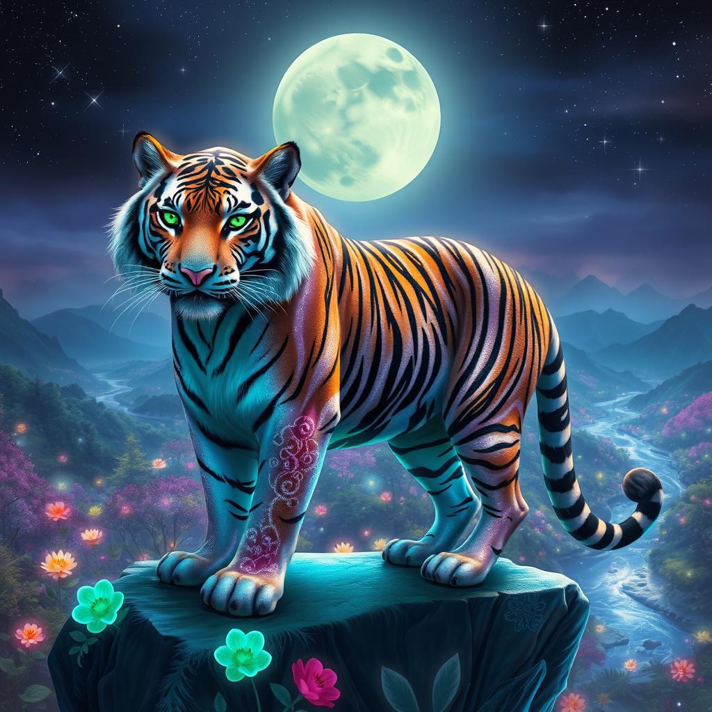 A majestic fantasy tiger with shimmering multicolored fur, adorned with mystical patterns glowing softly in shades of blue and purple