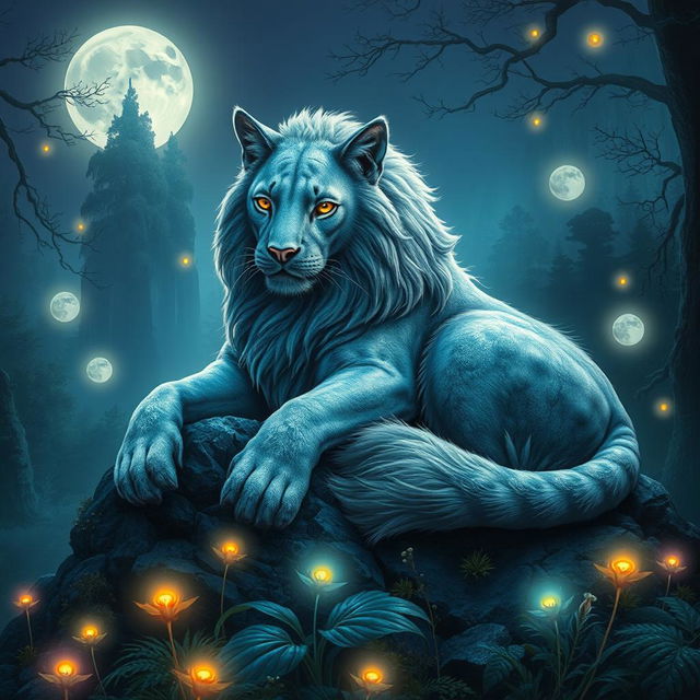 A fantasy scene featuring a large, majestic grey big cat, resembling a mix between a lion and a mythical creature with shimmering silver fur