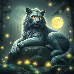 A fantasy scene featuring a large, majestic grey big cat, resembling a mix between a lion and a mythical creature with shimmering silver fur