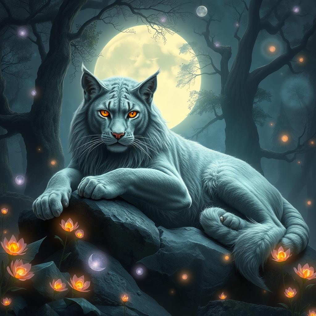 A fantasy scene featuring a large, majestic grey big cat, resembling a mix between a lion and a mythical creature with shimmering silver fur