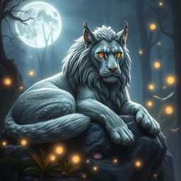 A fantasy scene featuring a large, majestic grey big cat, resembling a mix between a lion and a mythical creature with shimmering silver fur