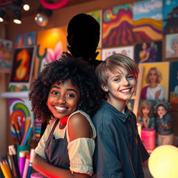 A vibrant scene of two teenage artists, one black girl with curly hair and one white boy with straight hair, both smiling and surrounded by colorful art supplies, canvases, and glowing lights