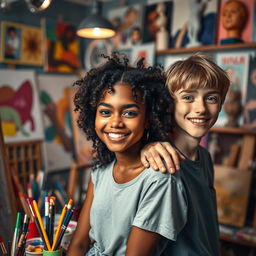 A vibrant scene of two teenage artists, one black girl with curly hair and one white boy with straight hair, both smiling and surrounded by colorful art supplies, canvases, and glowing lights